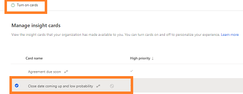 Screenshot of turning on an insight card.