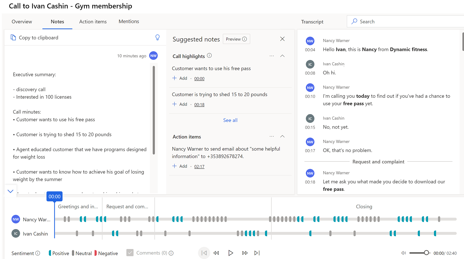 Call insights tab in a phone call activity