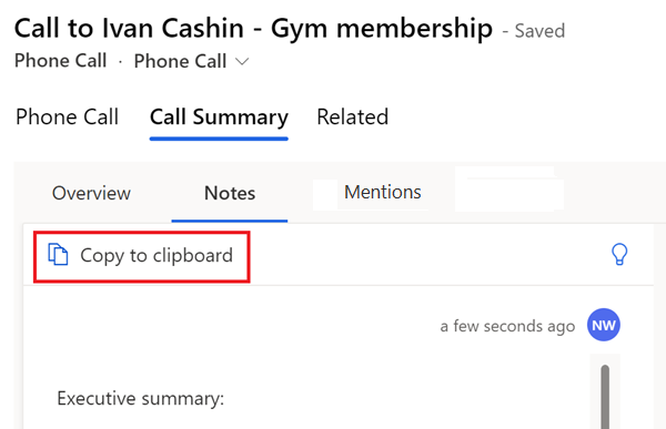 Screenshot of the call summary Notes tab, with Copy to clipboard highlighted.