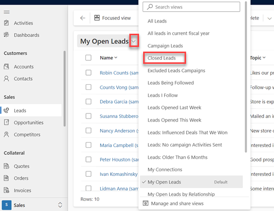 Shows closed leads in Dynamics 365 Sales