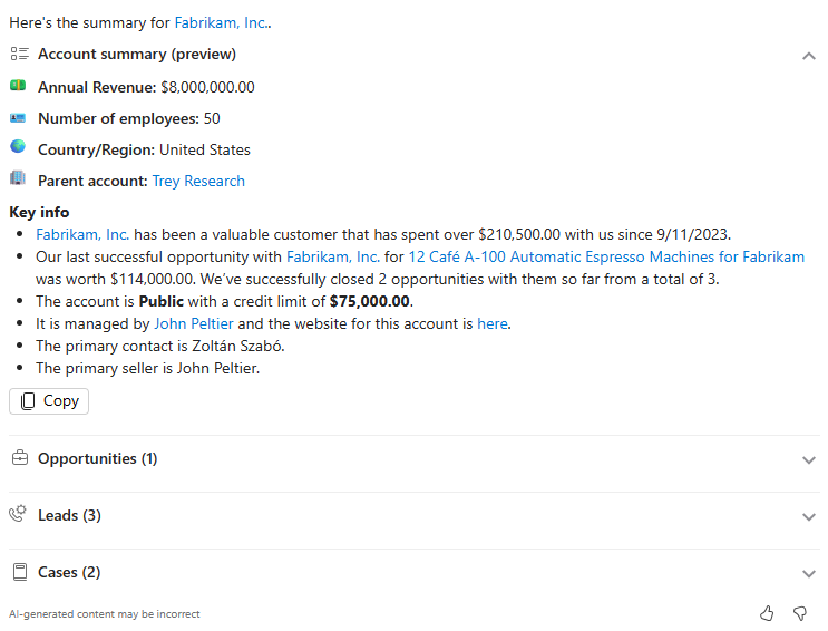 Screenshot of a Copilot account summary in Dynamics 365 Sales.