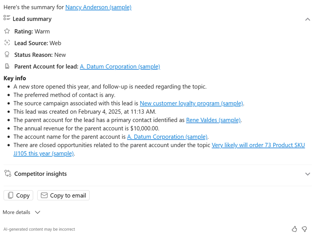 Screenshot of a Copilot lead summary in Dynamics 365 Sales.