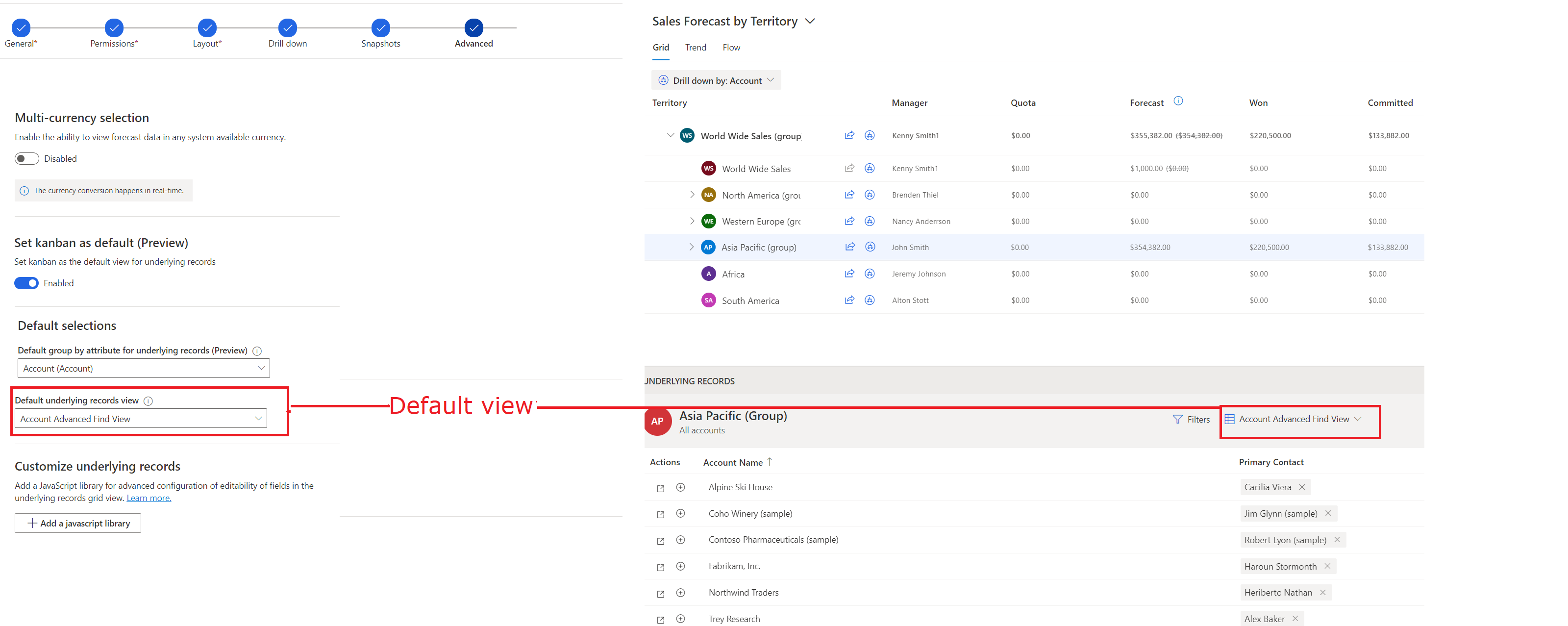 A screenshot of the default underlying records view option and the view appearing in the underlying records grid.