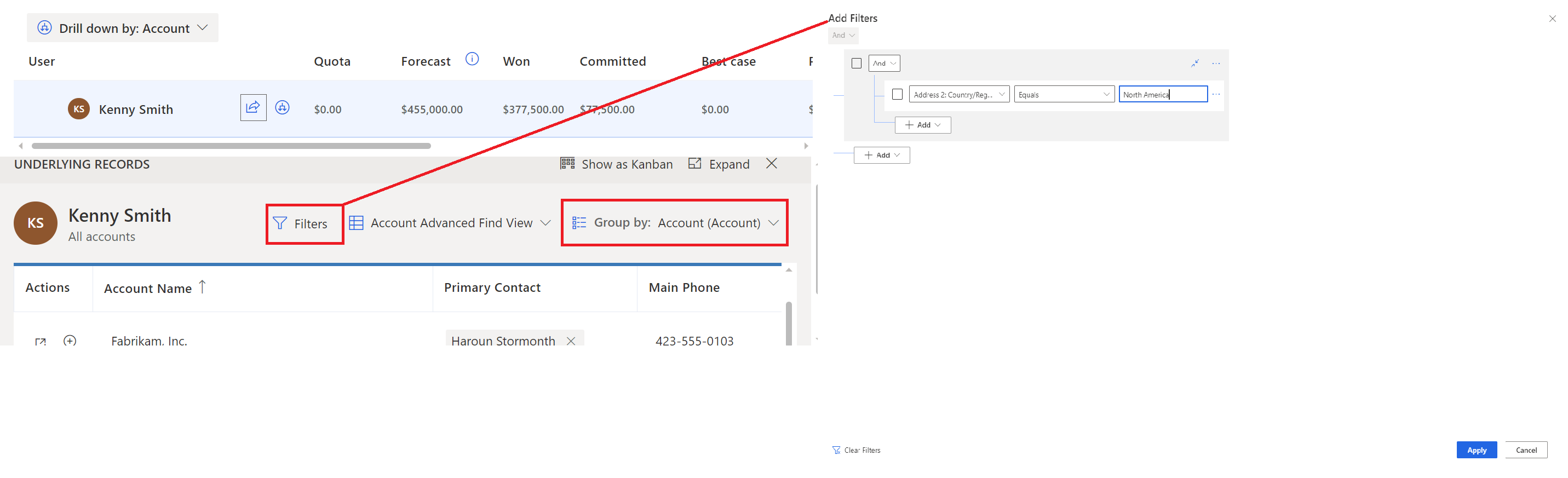 Screenshot of forecast records grouped by account