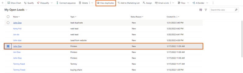 Screenshot of opening a lead and selecting view duplicates.
