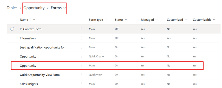 Screenshot of selecting the Opportunity main form on the Forms tab of the Opportunity table.