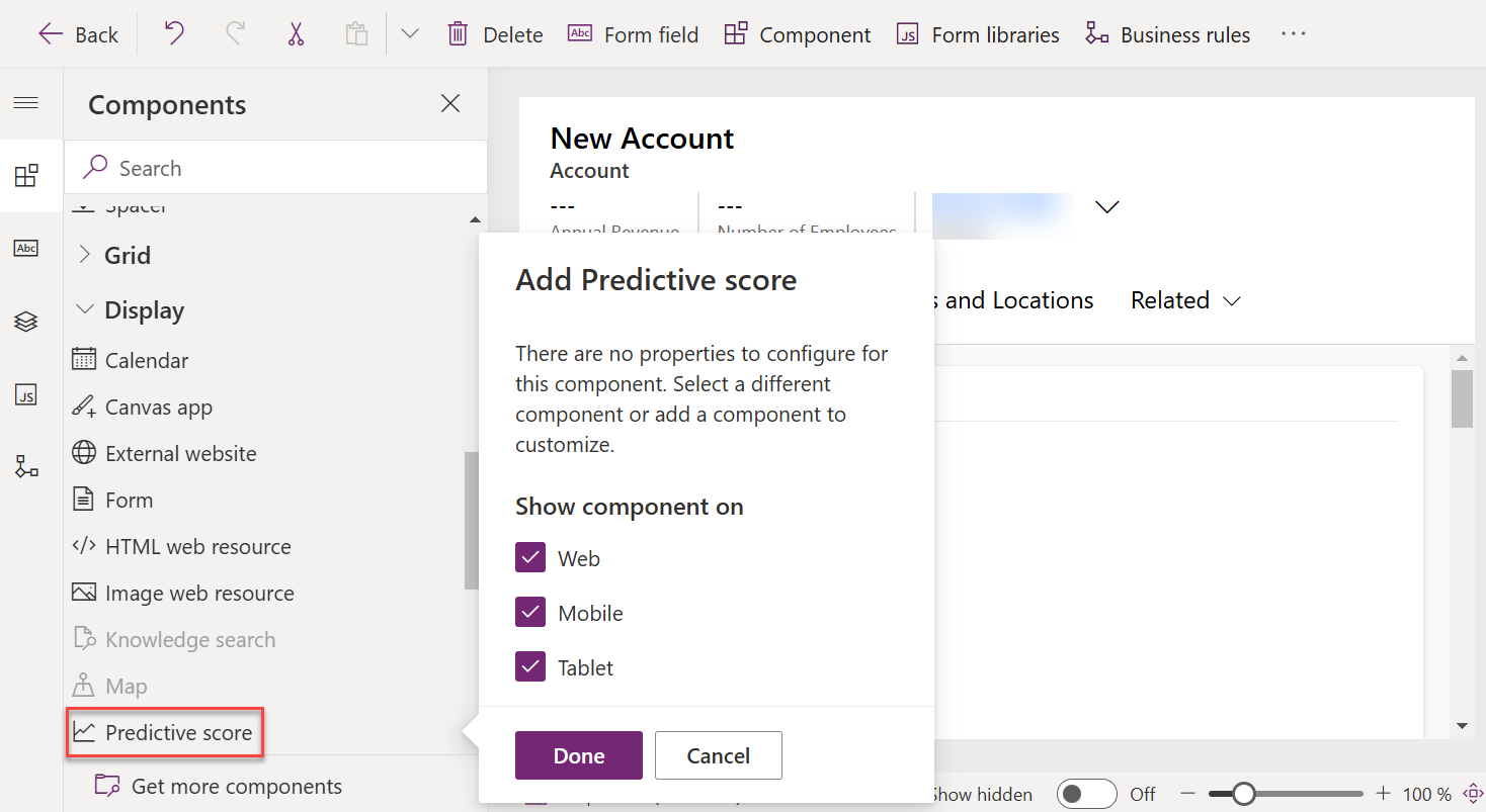 Screenshot of selecting the Predictive score widget to display in the placeholder column.