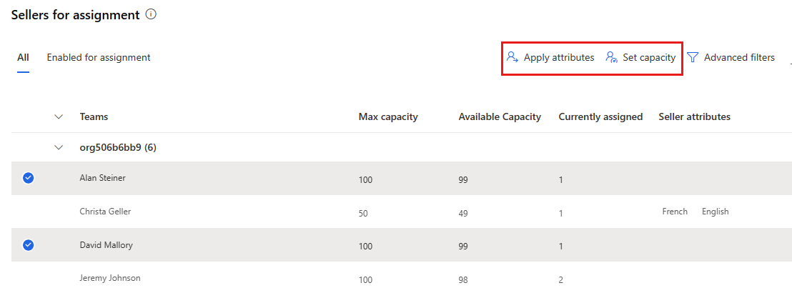 Screenshot of a group of sellers selected, with Apply attributes and Set capacity highlighted.