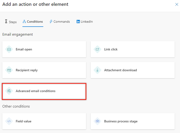 Screenshot of selecting advanced email conditions on the Conditions tab.