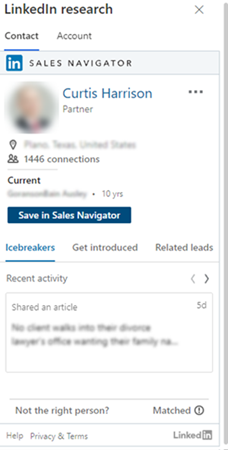 LinkedIn research side pane.