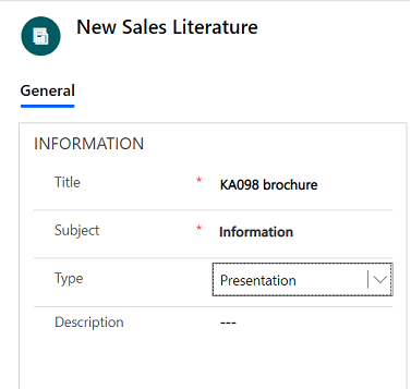 Screenshot of the Sales Literature form.