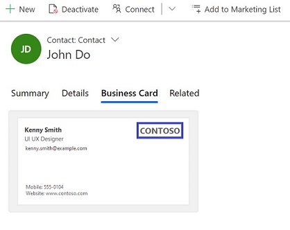 Saved business card on the Business card tab of a Contact form.