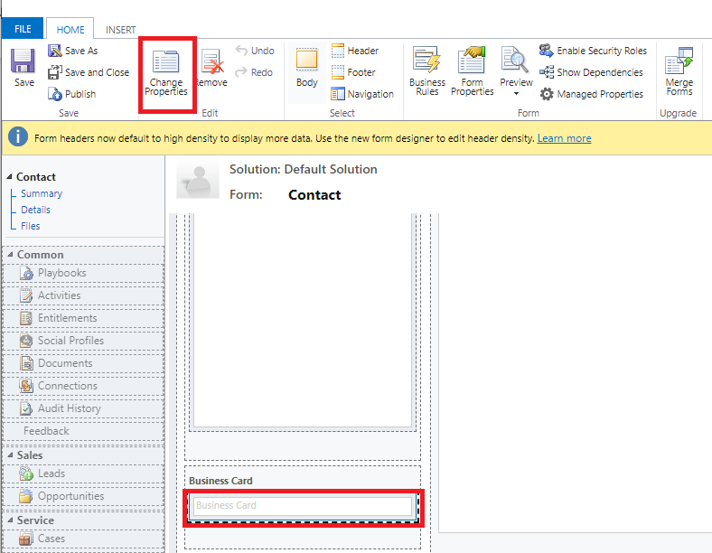 Scan business card field in the Contact form.