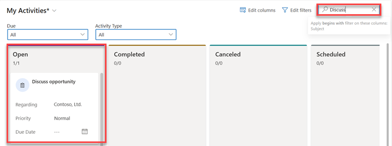 Use the Search box to filter records in the Kanban view