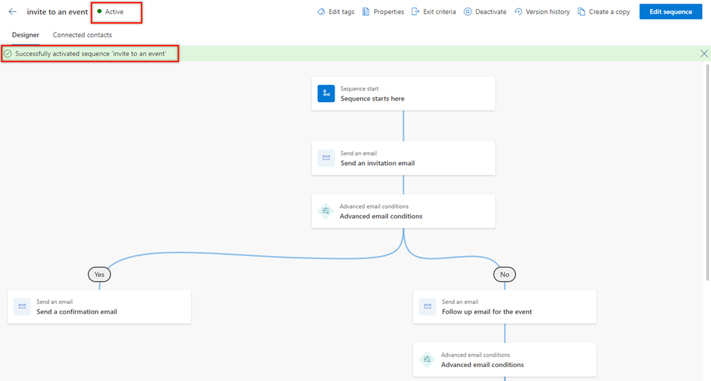 Screenshot of sequence activation confirmation message