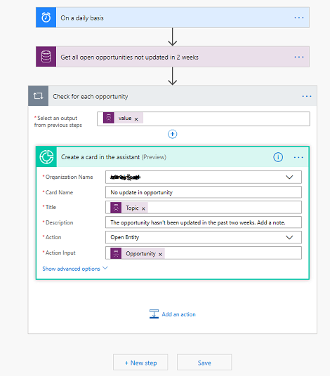 Screenshot of editing flow of card.