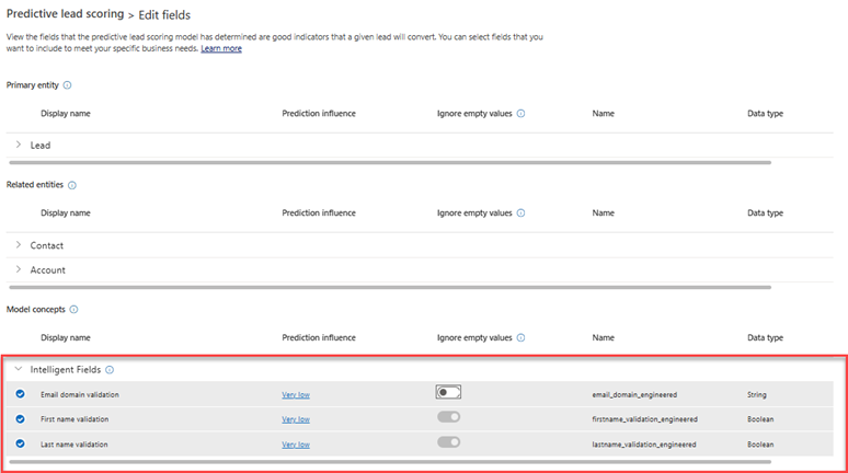 Screenshot of the Edit fields page showing the Model concepts section with a list of intelligent fields selections.