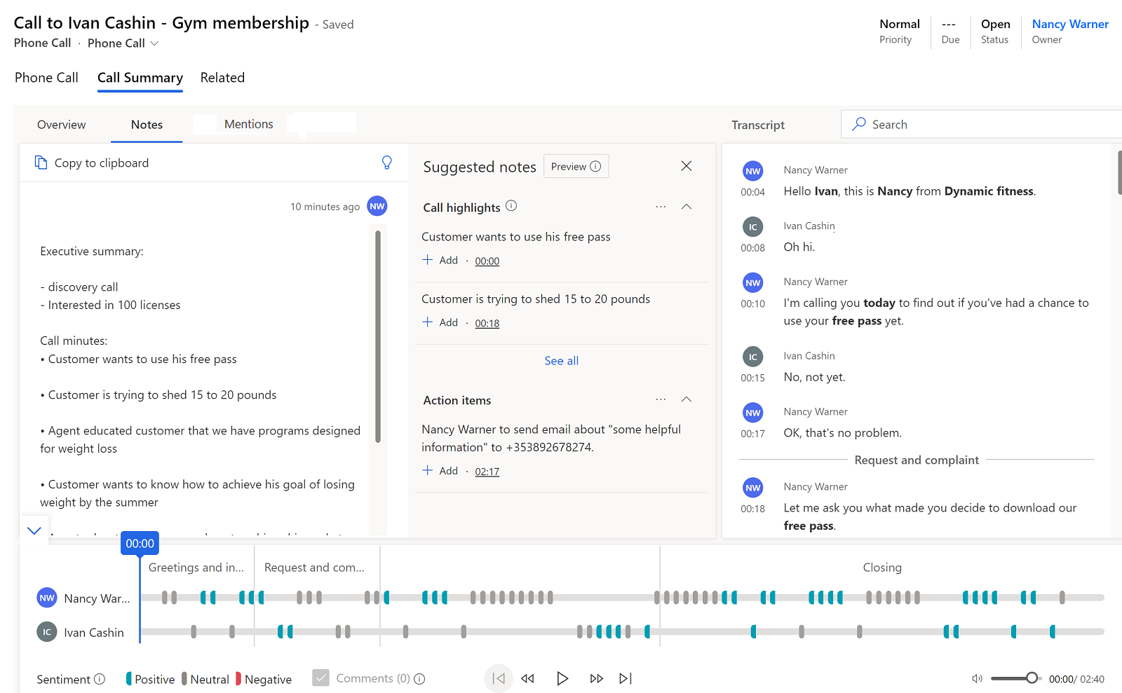 Screenshot of the Call Summary tab in a phone call activity.