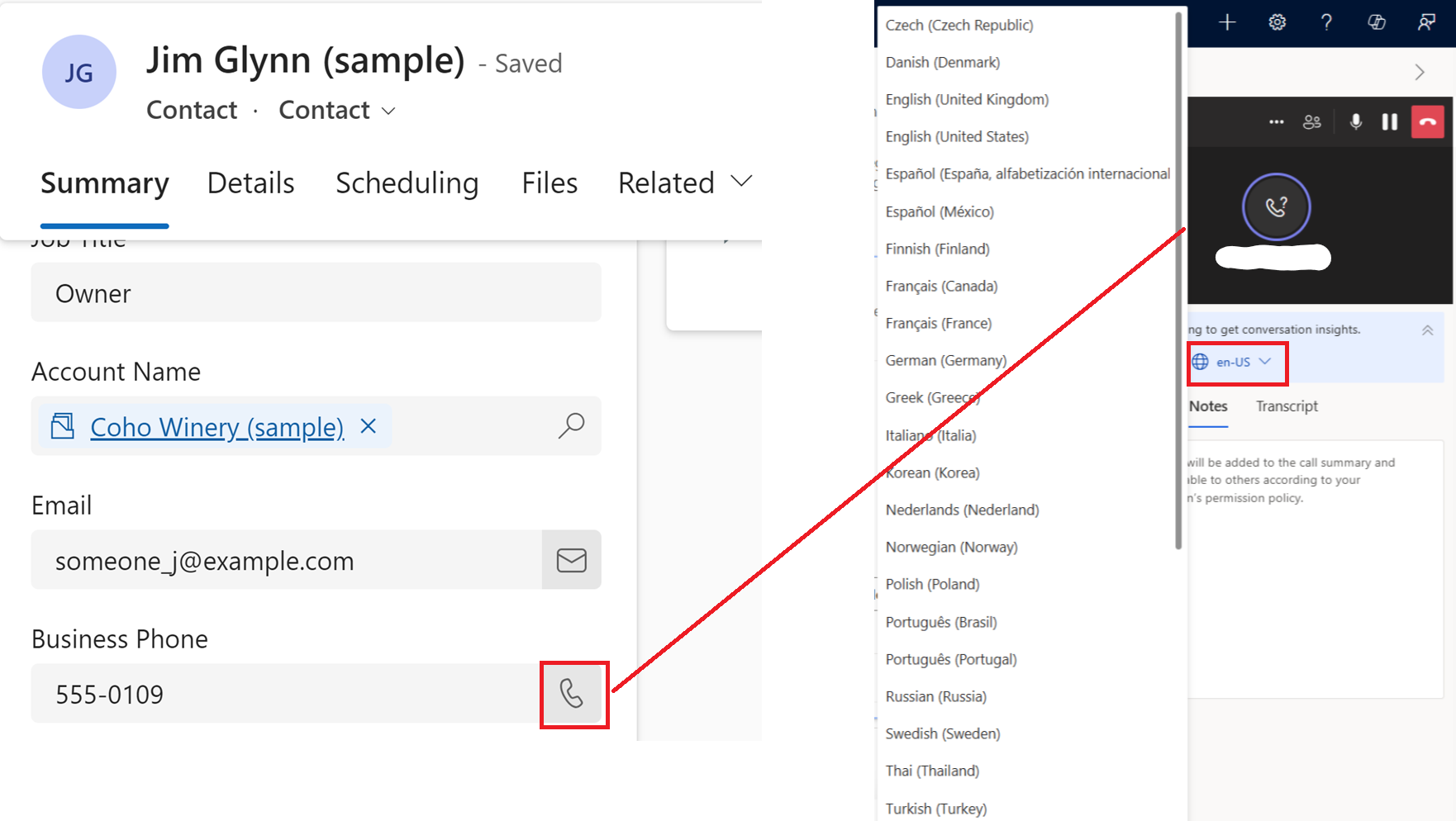 Screenshot of Teams dialer with language drop-down highlighted