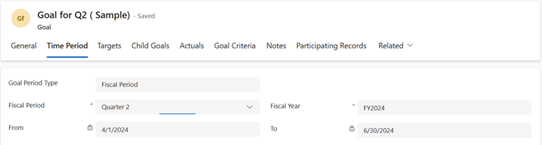 Screenshot of the Time Period tab on the Goal form.
