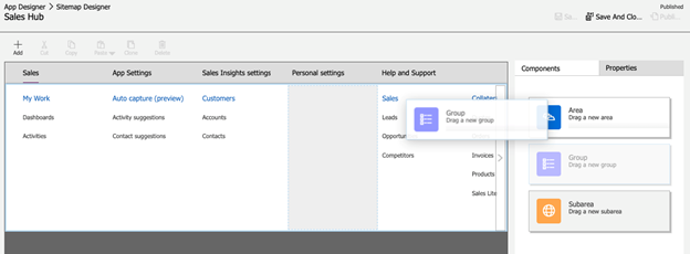 Drag and drop the group component to an area