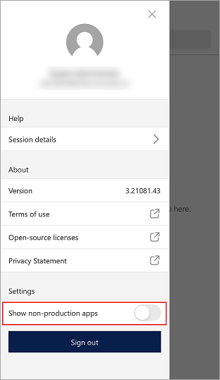Show non-production apps toggle.