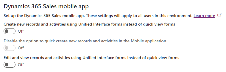 Screenshot of the Dynamics 365 Sales mobile app settings.