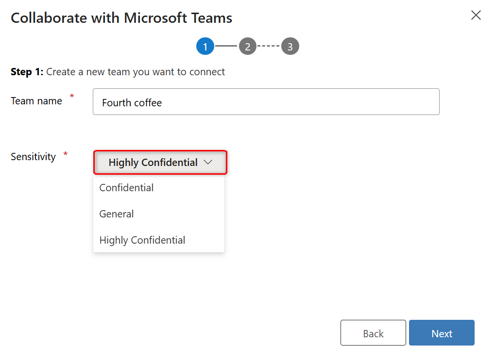 Screenshot of the sensitivity labels drop-down while creating a team.