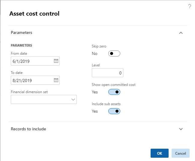 Asset Cost Control dialog box.