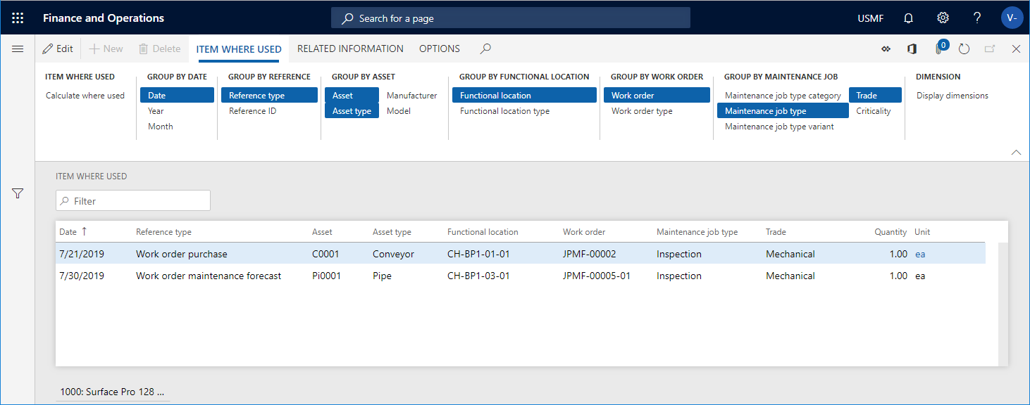 Example of item where used calculation.