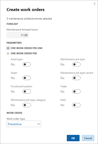 Create work orders dialog box.