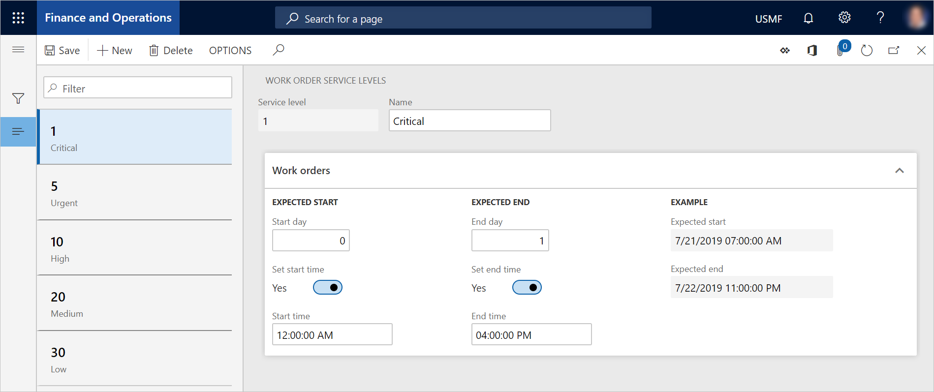 Work orders service level page.