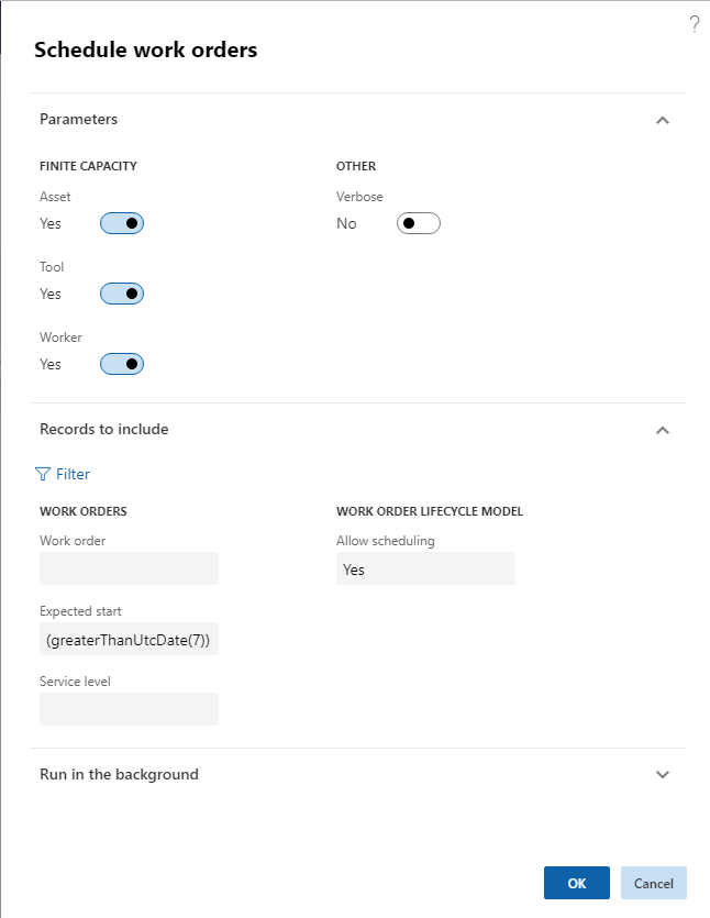 Screenshot of Schedule work orders dialog box where the Expected start field is set to the formula (greaterThanUtcDate(7)).