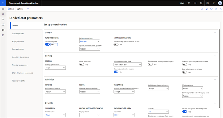 Landed cost parameters page.