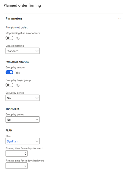 Parameters FastTab in the Planned order firming dialog box.