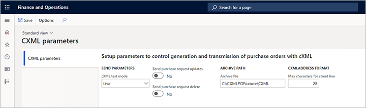 cXML parameters page.