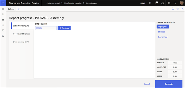 Report progress page with a fixed batch number.