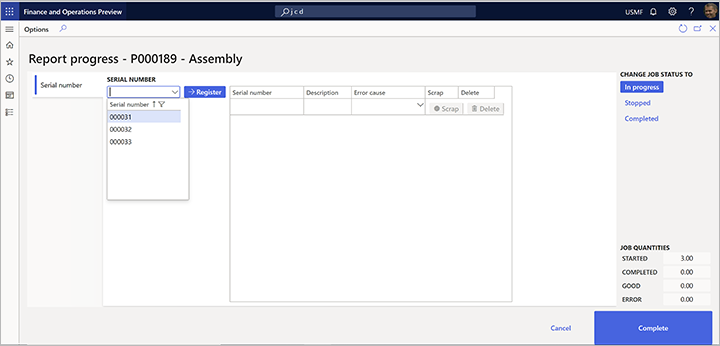 Report progress page with a list of predefined serial numbers.