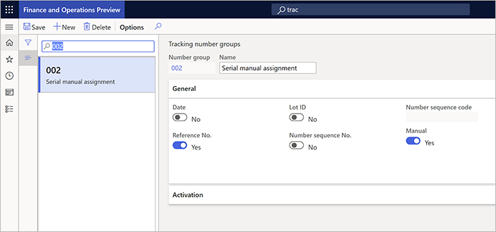 Tracking number groups page, serial numbers.