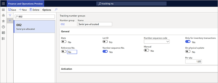 A tracking number group for predefined serial numbers.