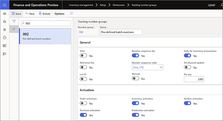 A tracking number group for predefined batch numbers.