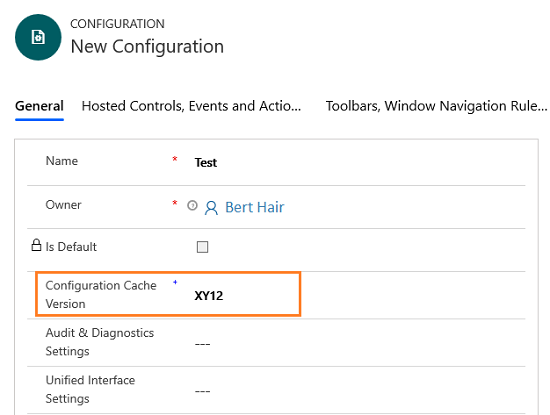 Configuration Cache Version option in new configuration page with an example value.