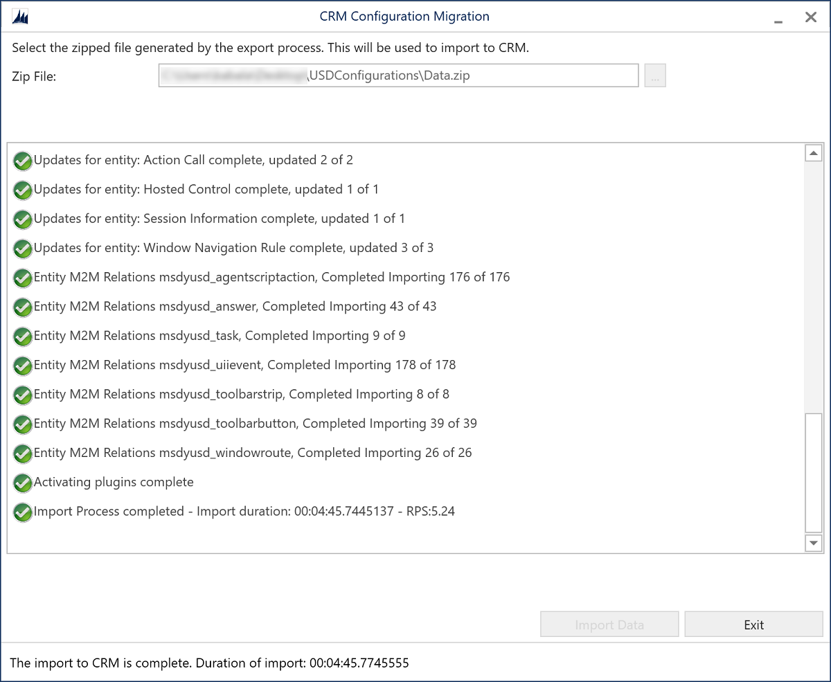 Importing is completed. Select Exit.