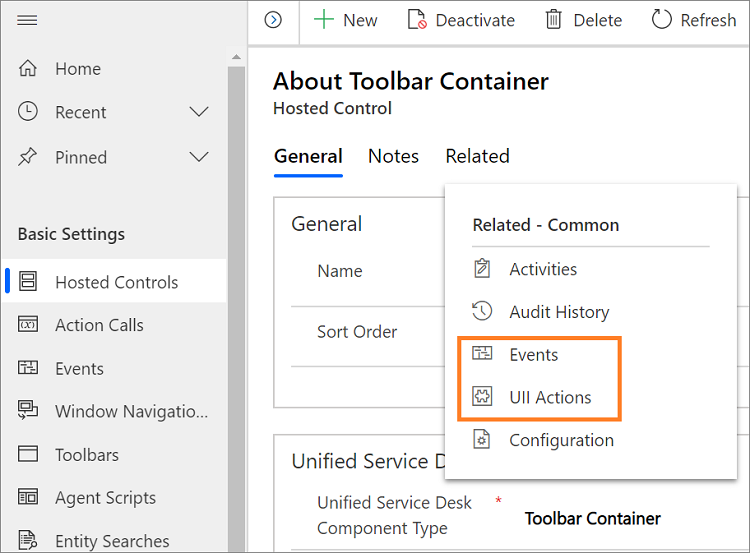 Navigation to predefined UII actions and events.