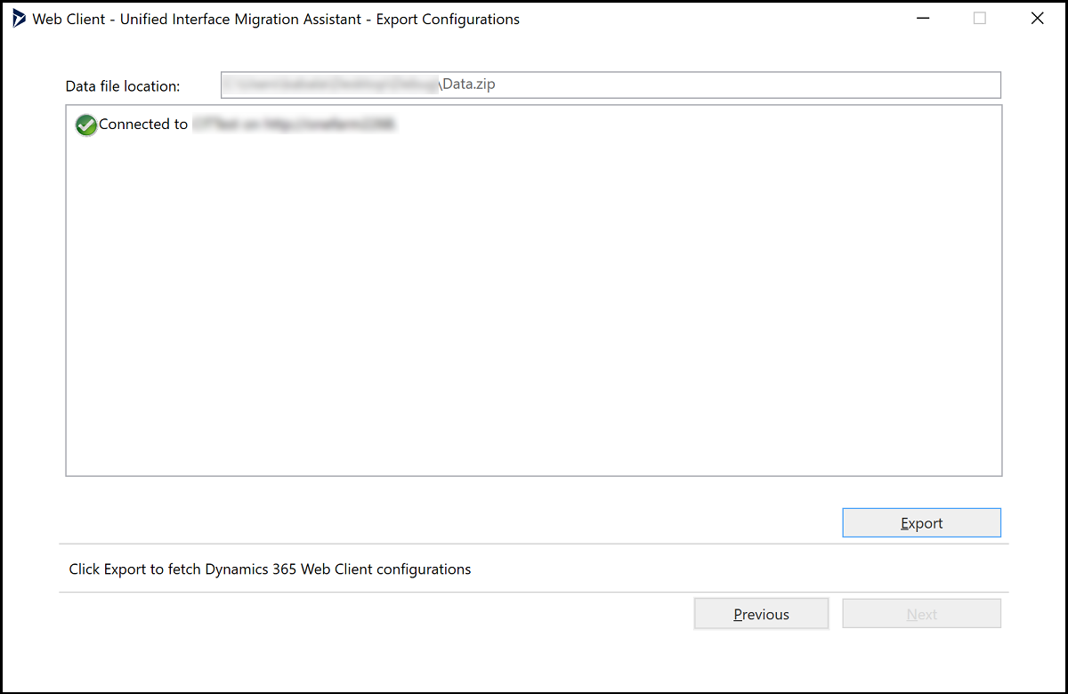 Export configurations screen.