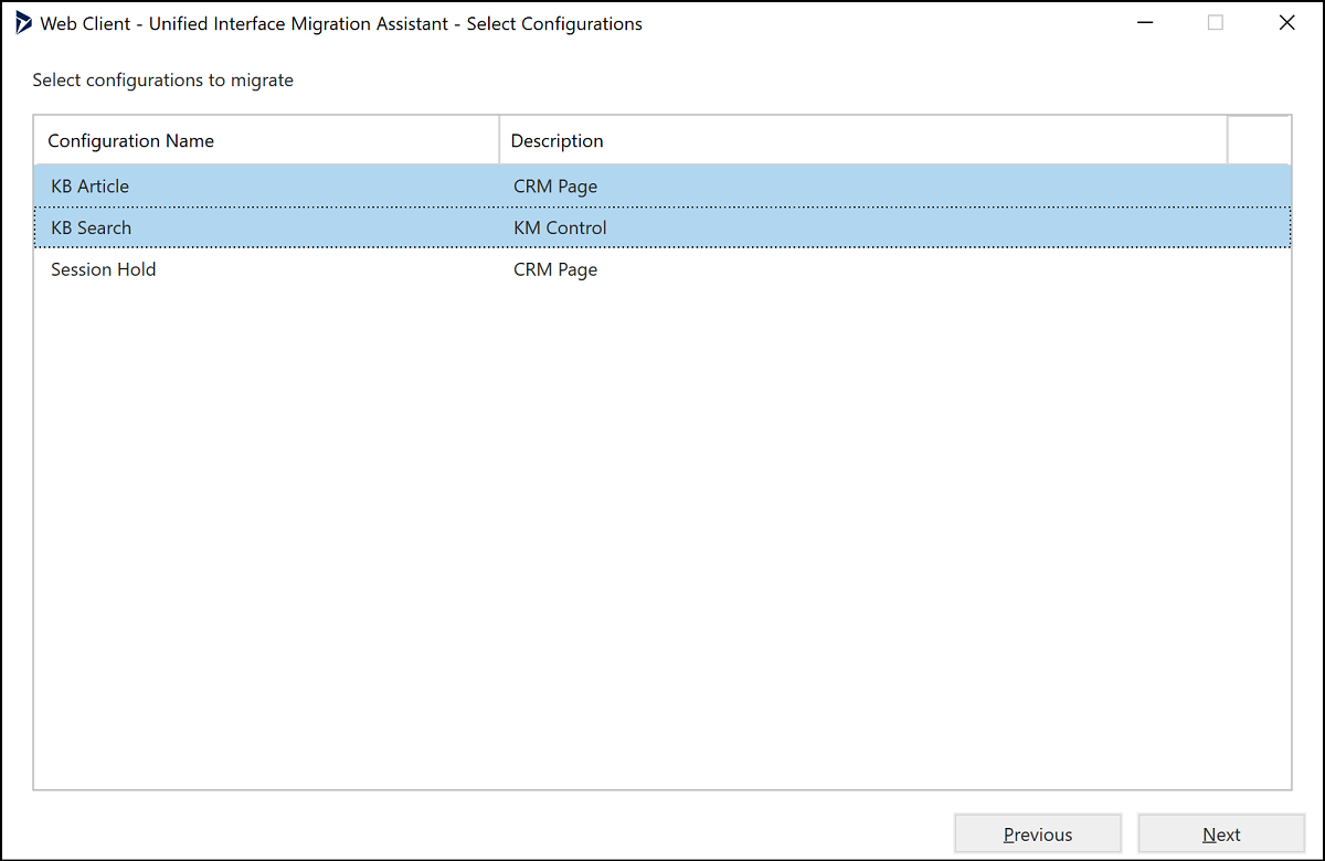 Select configurations screen.