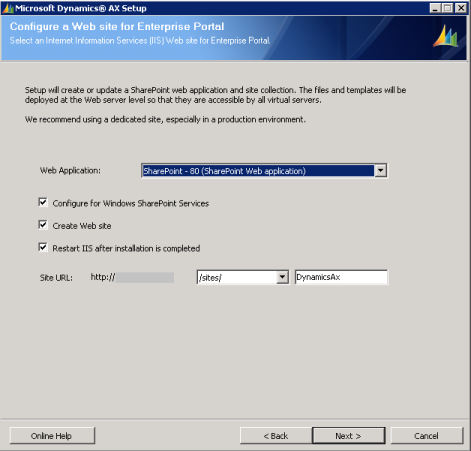 Enterprise Portal web site options in Setup