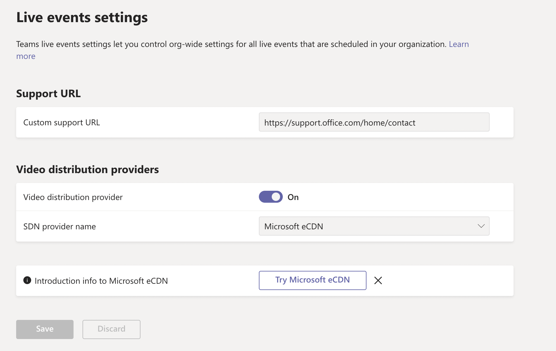 Image of configuring Microsoft eCDN in the Teams Admin Center.