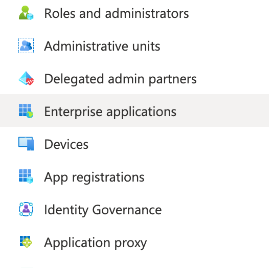 Microsoft Entra ID Manage selection pane, Enterprise applications selected