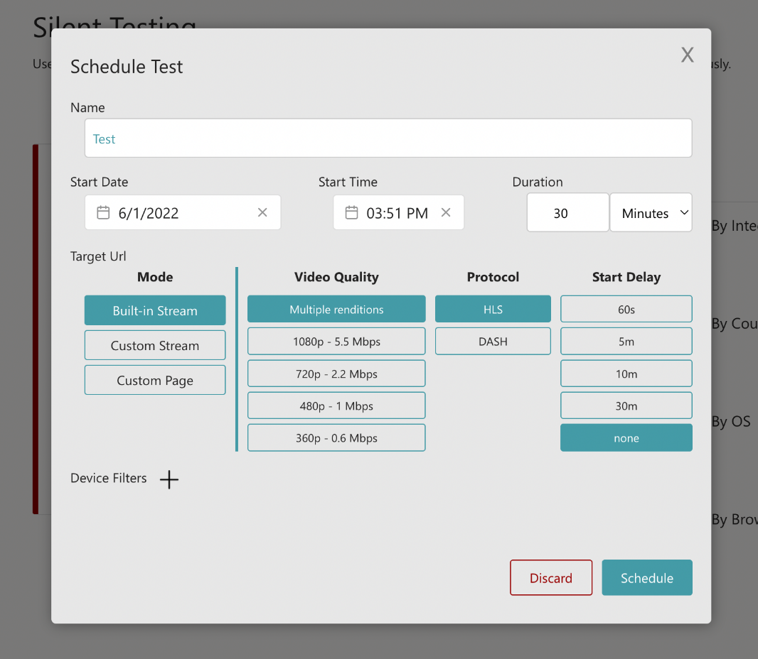 Image of Silent Test options UI.